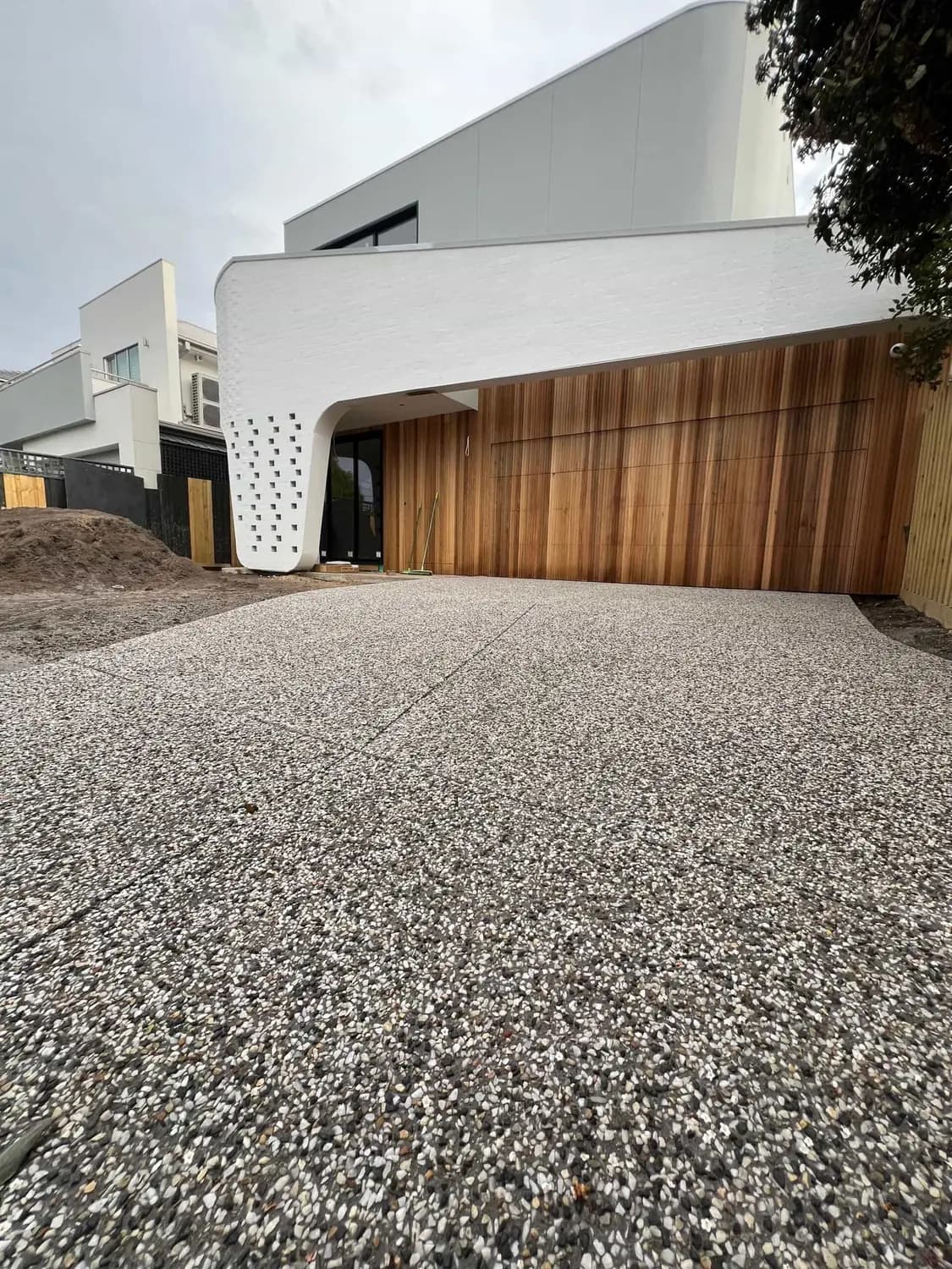 Freshly poured residential concrete driveway